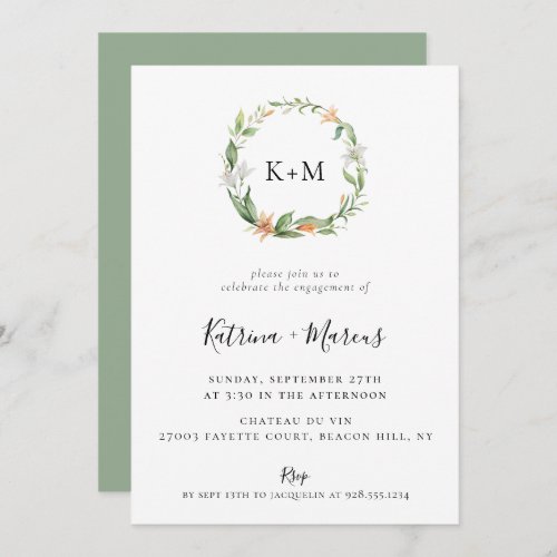 Botanical Lily Floral Wreath Engagement Invitation