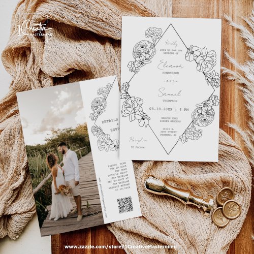 Botanical Line Art Boho Photo QR Code Wedding Invitation