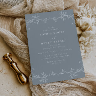 Botanical Line Art Elegant Blue Wedding Invitation