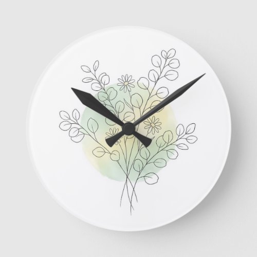 Botanical Line Art Eucalyptus Green Watercolor⁠ Round Clock