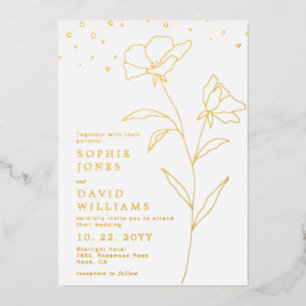 Botanical Line Art Flower Elegant Wedding Real  Foil Invitation