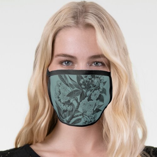 Botanical Line Art Flower Vintage Green Womens Face Mask