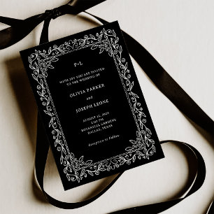 Botanical Line Art Frame Black Invitation