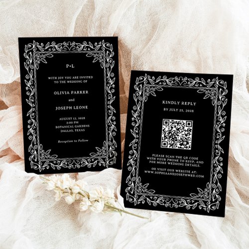 Botanical Line Art Frame | Black QR Code Wedding Invitation