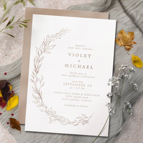 Botanical Line Art  Minimal Taupe Brown Wedding Invitation
