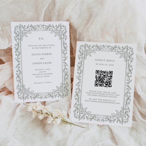 Botanical Line Art | Sage Green QR Code Wedding Invitation