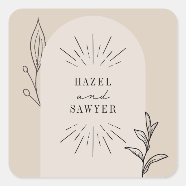 Botanical Line Art Script Tan Wedding  Square Sticker (Front)