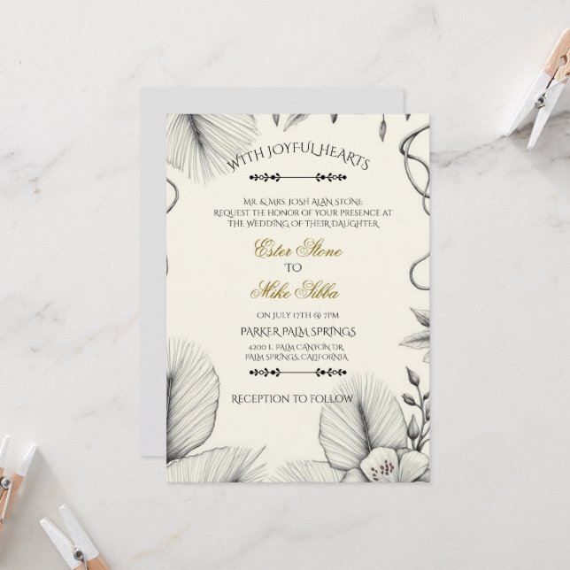 Botanical line art Wedding Invitation  (Front/Back In Situ)