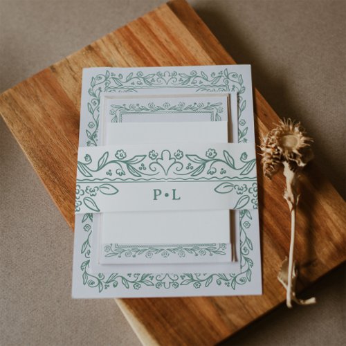 Botanical Line Art | White and Sage Wedding Invitation Belly Band