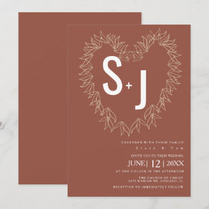 Botanical Line Art Wreath Heart Wedding Earth Tone Invitation