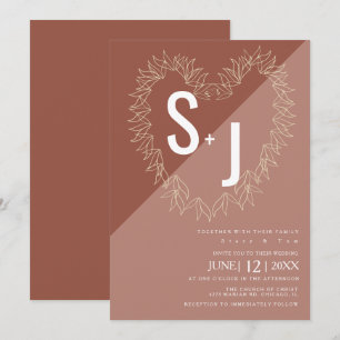 Botanical Line Art Wreath Heart Wedding Earth Tone Invitation