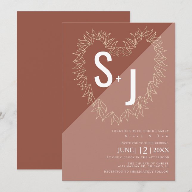 Botanical Line Art Wreath Heart Wedding Earth Tone Invitation (Front/Back)