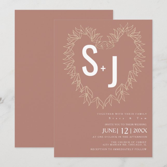 Botanical Line Art Wreath Heart Wedding Earth Tone Invitation (Front/Back)