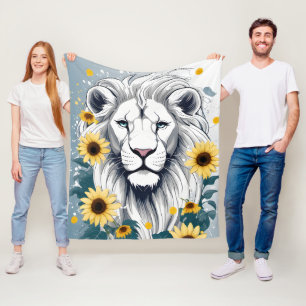 Botanical Lion Portrait Painting, Sunflower Lion Fleece Blanket