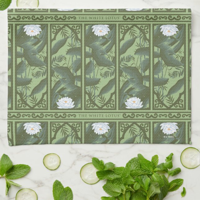 Botanical Lotus Panel Pattern - The White Lotus Kitchen Towel (Folded)