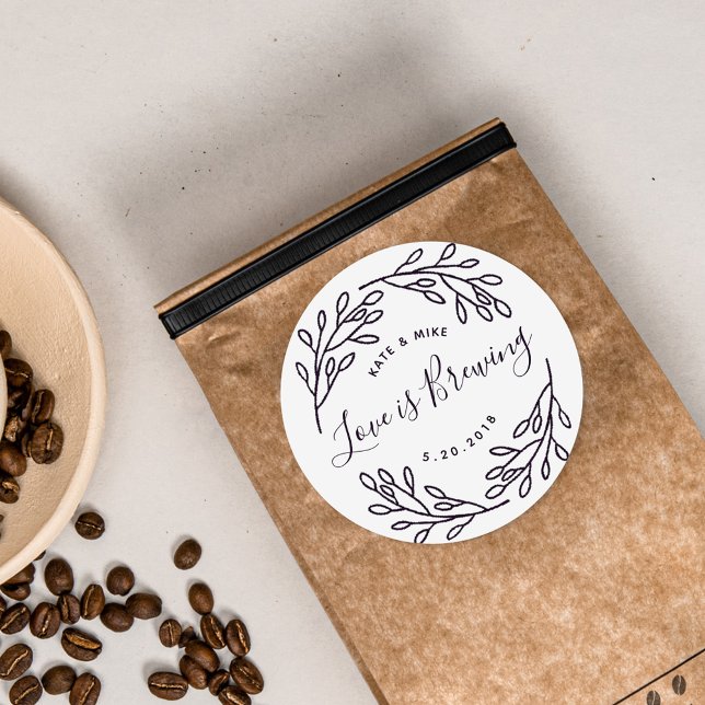 Botanical Love is Brewing Wedding Coffee Favor Classic Round Sticker (Creator Uploaded)