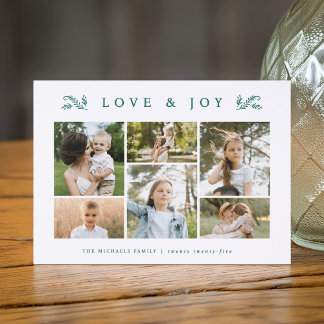 Botanical "Love & Joy" Christmas Photo Collage Letterpress Photo Cards