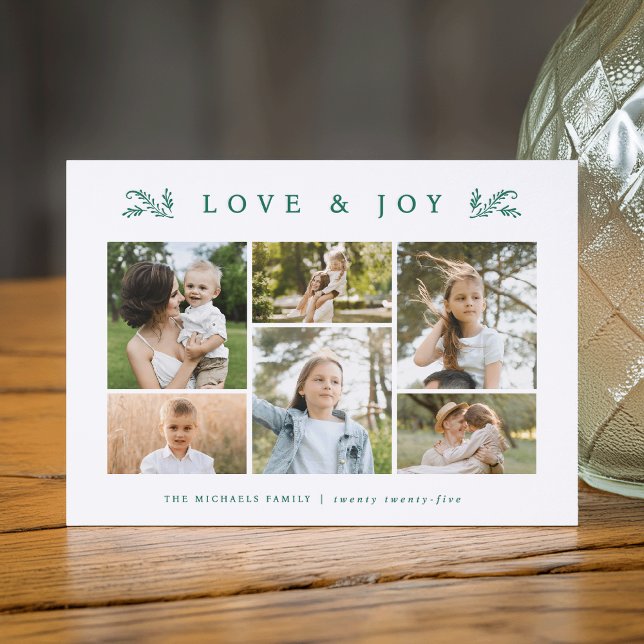Botanical "Love & Joy" Christmas Photo Collage Letterpress Photo Cards (Creator Uploaded)