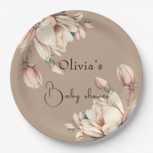 Botanical magnolia floral paper plates
