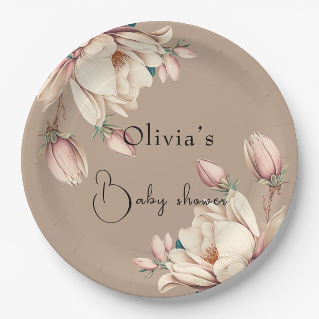 Botanical magnolia floral  paper plates (Front)