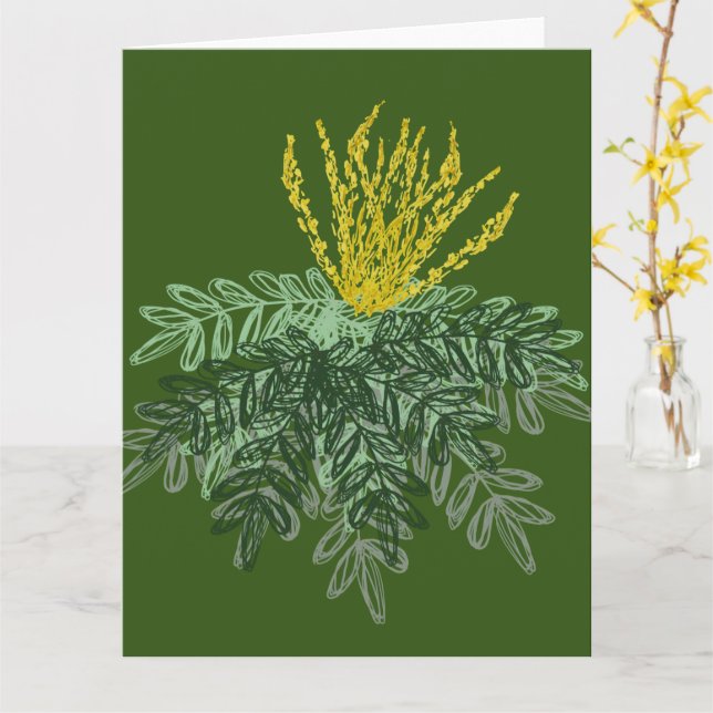 Botanical Mahonia Shrub Hand Drawn  Green Card (Yellow Flower)