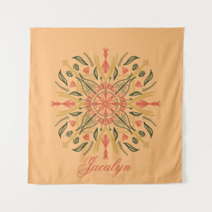 Botanical Mandala Boho Orange Name Tapestry