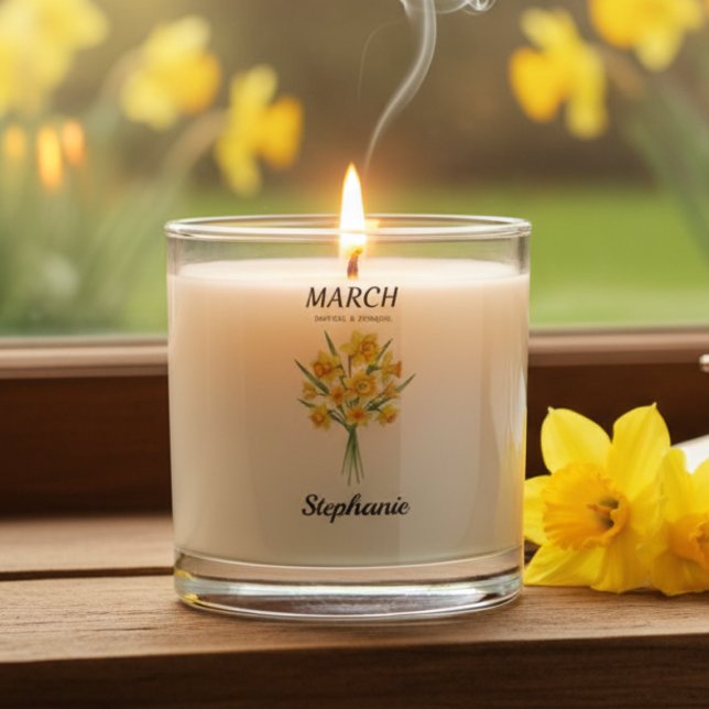 Botanical March Birthday Gift Whimsical Scented Candle (Personalized March Birthday Daffodil Botanical Candle )