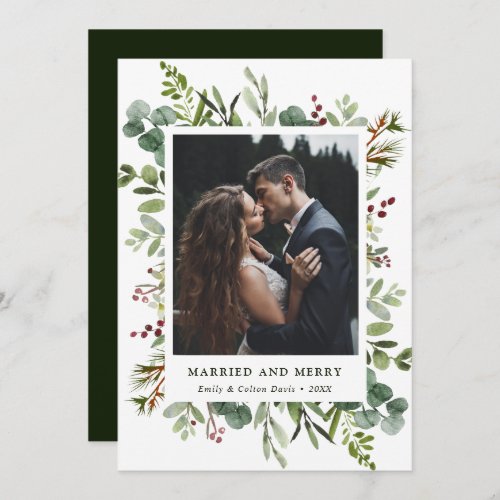 Botanical Married  Merry Greenery Newlywed Photo Holiday Card