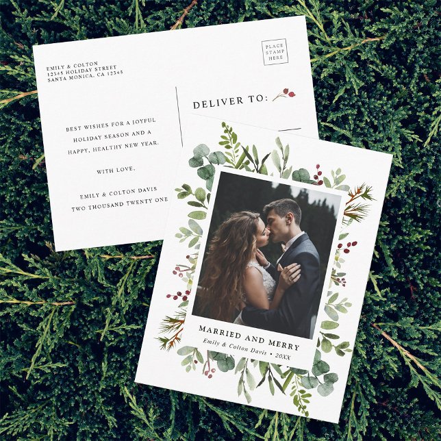 Botanical Married & Merry Newlywed Photo Holiday Postcard (Front & Back)