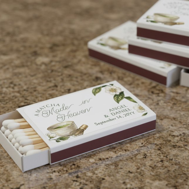 Botanical Matcha Made in Heaven Wedding Favor Matchboxes (Matcha made in Heaven wedding, anniversary, engagement or shower favors.)