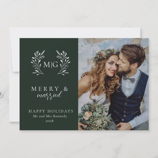 Botanical Merry and Married Photo Holiday Card  (Front)