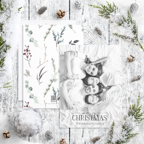 Botanical Merry Christmas Black  White Photo Holi Holiday Card