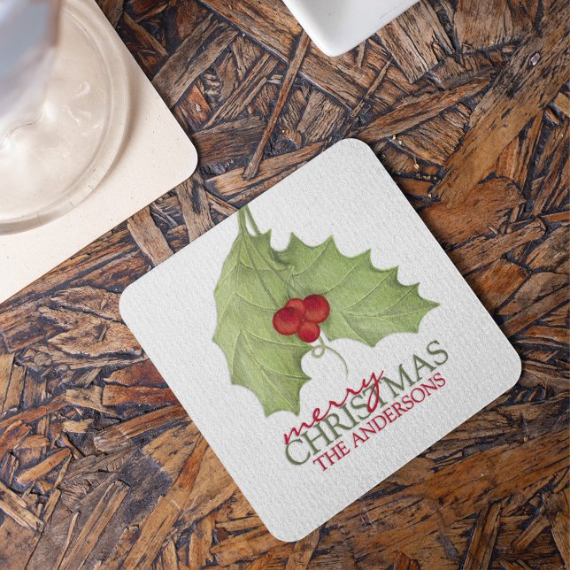 Botanical Merry Christmas Elegant Holiday Name Square Paper Coaster (Elegant botanical Merry Christmas personalized coaster with festive greenery holiday drink decor.)