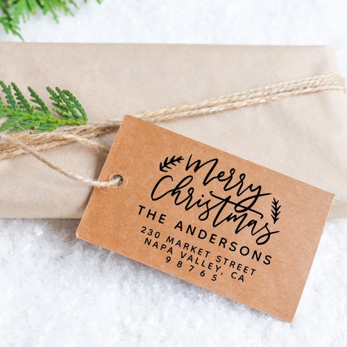 Botanical Merry Christmas Family Return Address Rubber Stamp
