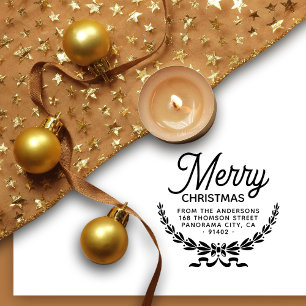 Botanical Merry Christmas Family Return Address Rubber Stamp