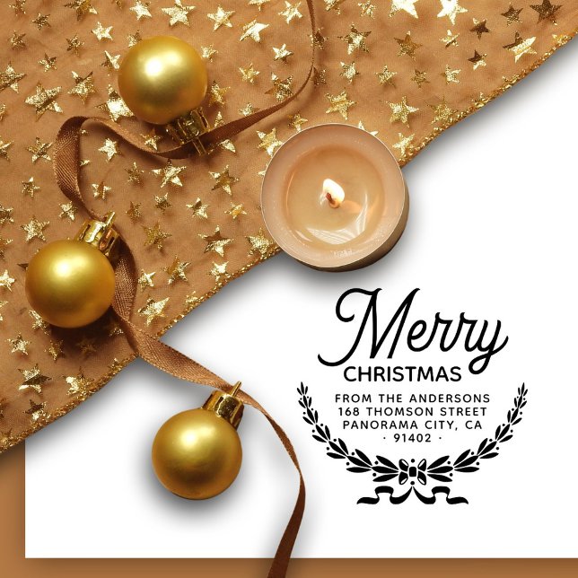 Botanical Merry Christmas Family Return Address Rubber Stamp (Creator Uploaded)