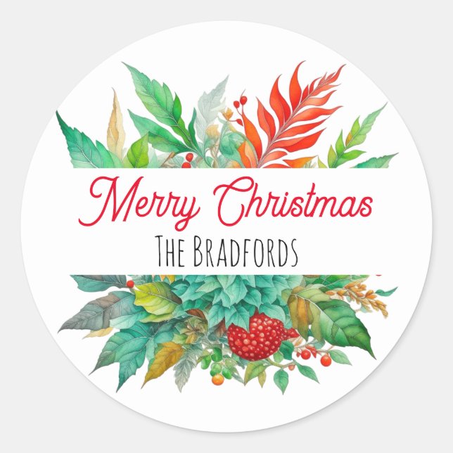 Botanical Merry Christmas Personalized Classic Round Sticker (Front)