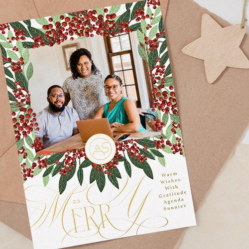 Botanical Merry Christmas Photo  Logo Business Foil Holiday Card