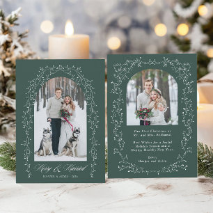 Botanical Merry & Married Newlywed 2 Photo Green Holiday Card