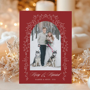 Botanical Merry & Married Newlywed Photo Red Holiday Card