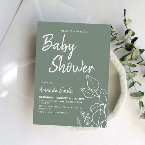 Botanical Minimalist Sage Baby Shower  Invitation