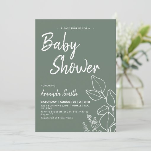 Botanical Minimalist Sage Baby Shower Invitation | Zazzle