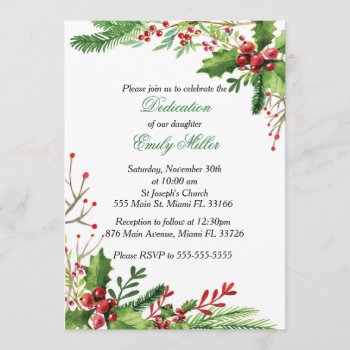 Botanical Mistletoe Baby Dedication Invitation by pinkthecatdesign at Zazzle