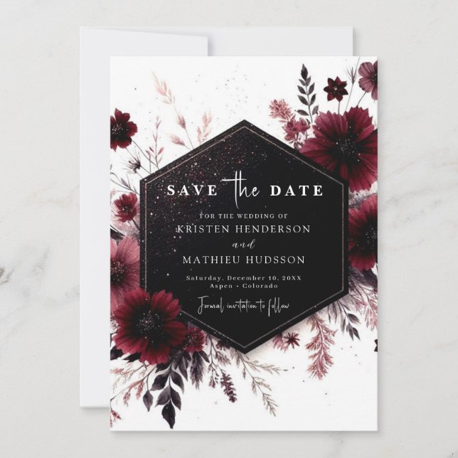 Botanical Modern Burgundy Wedding Save The Date (Front)