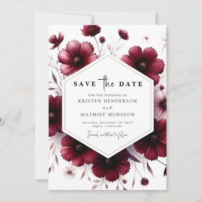 Botanical Modern Burgundy Wedding Save The Date (Front)