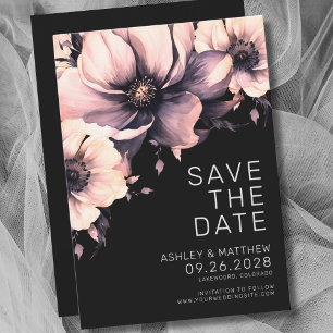 Botanical Modern Elegant Black Pink Floral Wedding Save The Date