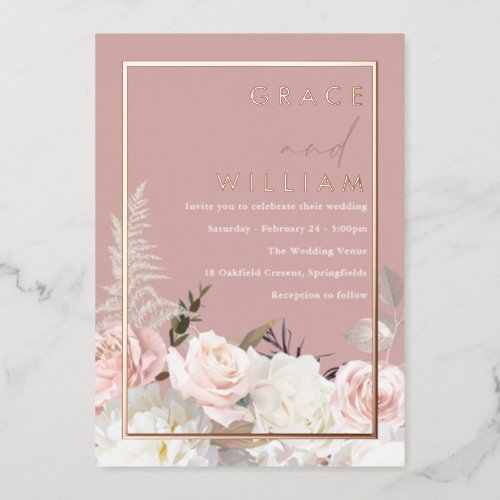 Botanical Modern Wedding Rose Gold Foil Invitation