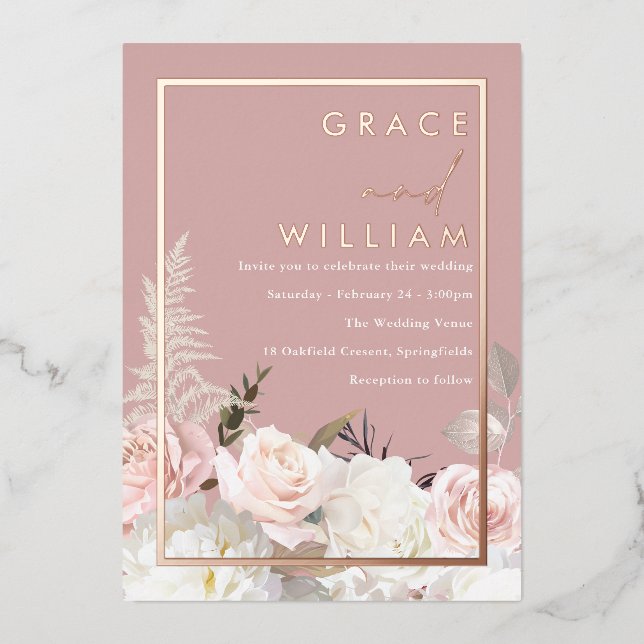 Botanical Modern Wedding Rose Gold Foil Invitation (Front)