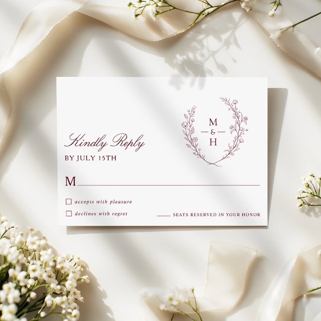 Botanical Monogram Burgundy Script Wedding RSVP Card (Creator Uploaded)
