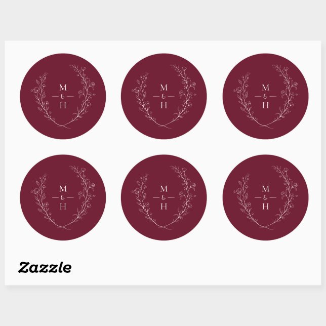 Botanical Monogram Burgundy Wedding Elegant Favor Classic Round Sticker (Sheet)